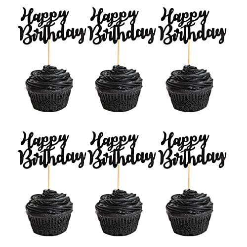 Arthsdite Pack of 48 PreAssembled Black Glitter Happy Birthday Cupcake Toppers Cake Food Fruit Picks for Celebrating Birthday Party Decoration Supplies