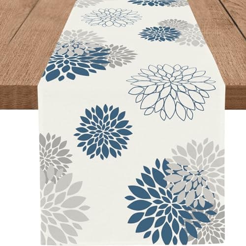 WHOMEAF Blue Gray Table Runner Dahlia Pinnata Flower Beige Table Runners Modern Elegant Pompon Farmhouse Geometric Table Center Decor for Home Dining Party Entrance (13x72 Inch)
