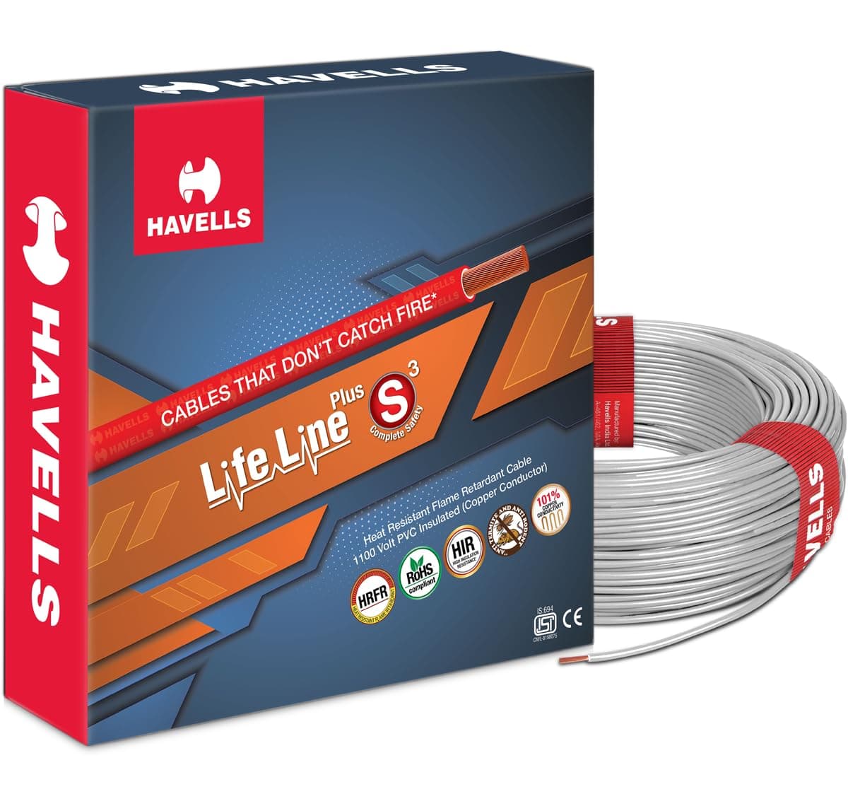 Havells LifeLine+ S3 | 1.5 sq.mm Copper Wire (90m-Grey)| Class 2 Conductor (100% Copper), Heat Resistant & Flame Retardant - Ideal for Domestic & Industrial Use (WHFFDNEA11X5)