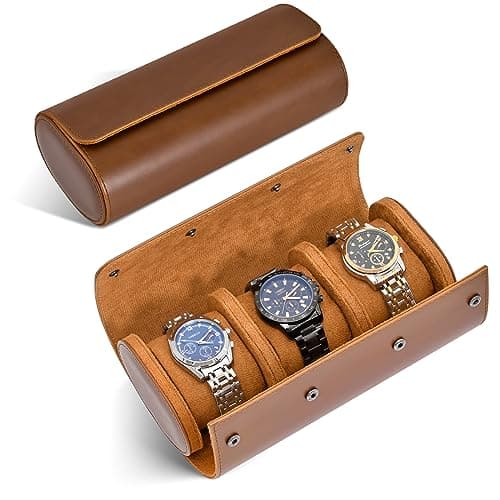 ROSELLE Watch Roll Travel Case for Men and Women- 3 Watch Storage and Organizer-Secure Storage with Innovative Removable Pillows & Solid Dividers for Home, Travel and Display(Brown)