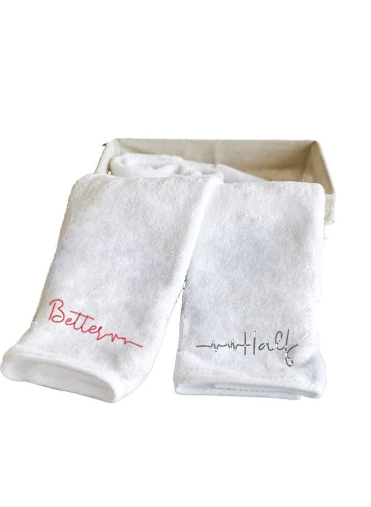 Embroidered For You (White) Luxury (Better Half) Personalized Hand Towel (50x80Cm-Set of 2) Cotton, Highly Absorbent and Quick dry, Classic Hotel and Spa Quality Bath Linen-600Gsm