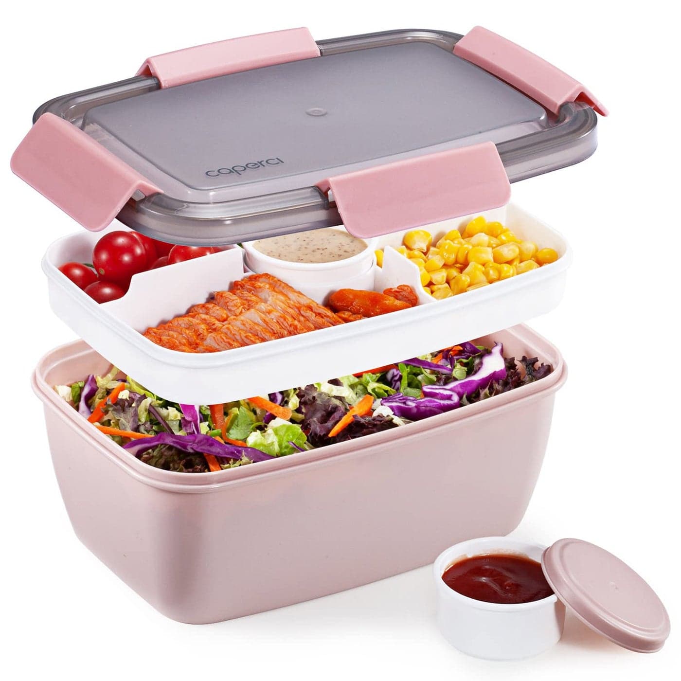 Caperci Large Salad Lunch Container - Adult Bento Lunch Box with 68 oz Salad Bowl, 5-Compartment Tray, 2pcs 3-oz Sauce Cups, Stackable, BPA-Free (Pink)