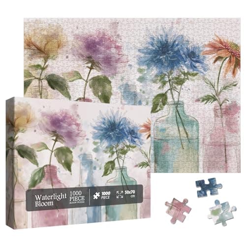 Pretty Flower Bottle Puzzles for Adults 1000 Pieces Fantasy Wildflower Art Jigsaw Puzzle Challenging Watercolor Plant Puzzles