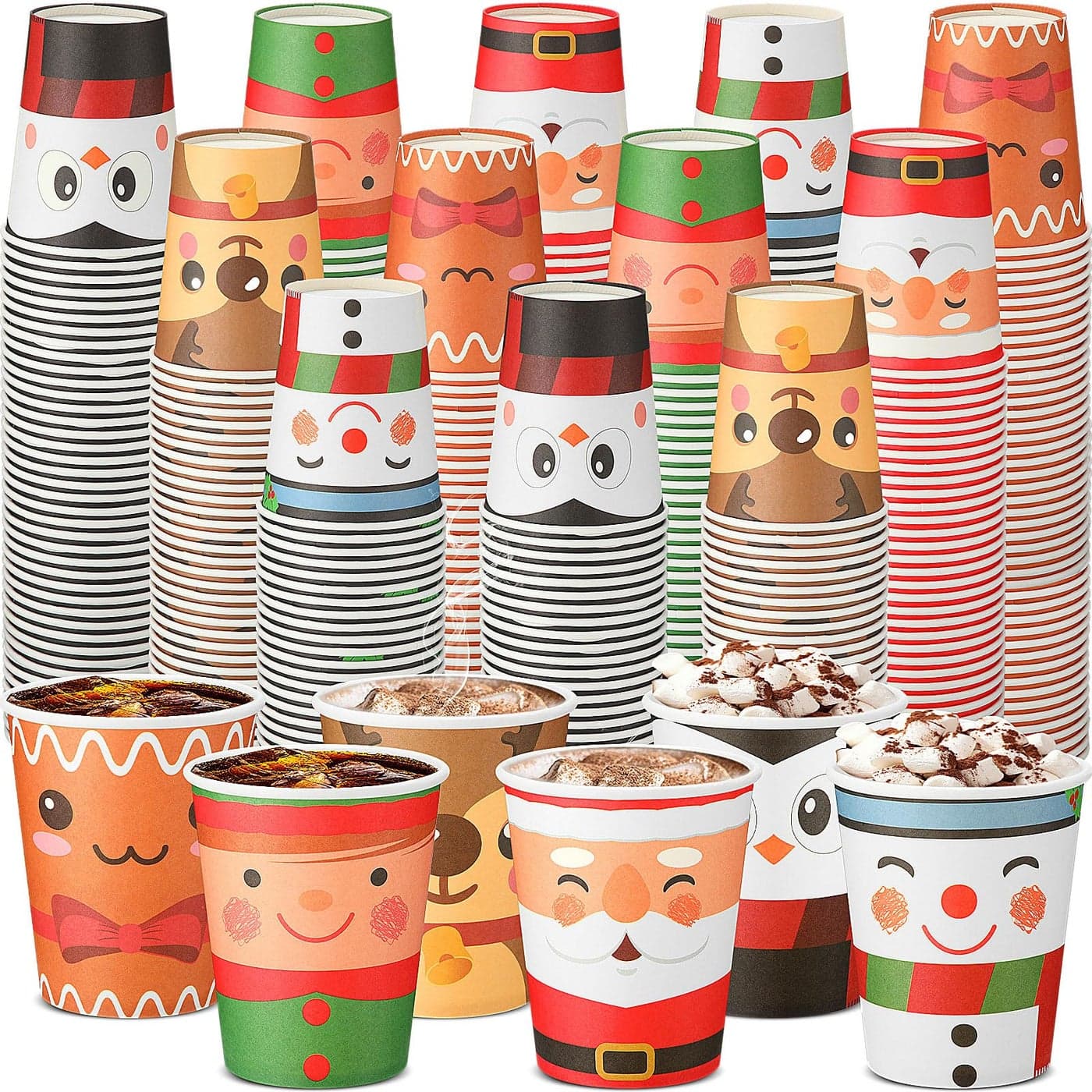 Yaomiao 300 Pcs 9 oz Christmas Paper Cups Elf Snowman Santa Elk Disposable Christmas Hot Cocoa Coffee Cups Bulk for Hot Cocoa Chocolate Beverage Bar for Xmas Holiday Party Supplies