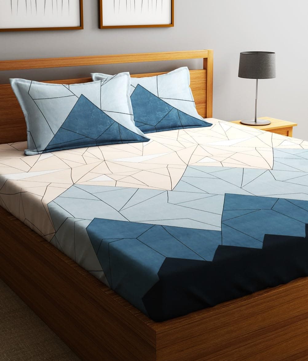 Fashion String 144TC Microfibre Abstract Geometric Line Art Double Bedsheet with 2 Pillow Covers