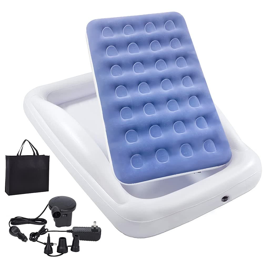 Inflatable Kids Travel Bed Toddler Air Mattress SetPortable Blow Up Mattress Sleeping Bed Cot with Bed Rails and Electric Pump Ideal for Road Trip