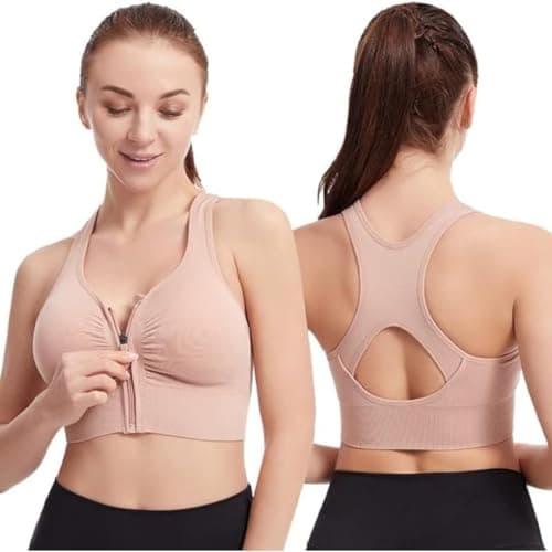 GLAMORAS Nylon Elastane Women Padded Wirefree Front Zip Closure Sports Bra Medium Impact Yoga Bras Racerback Workout Gym Bra, Size- S-3XL Beige