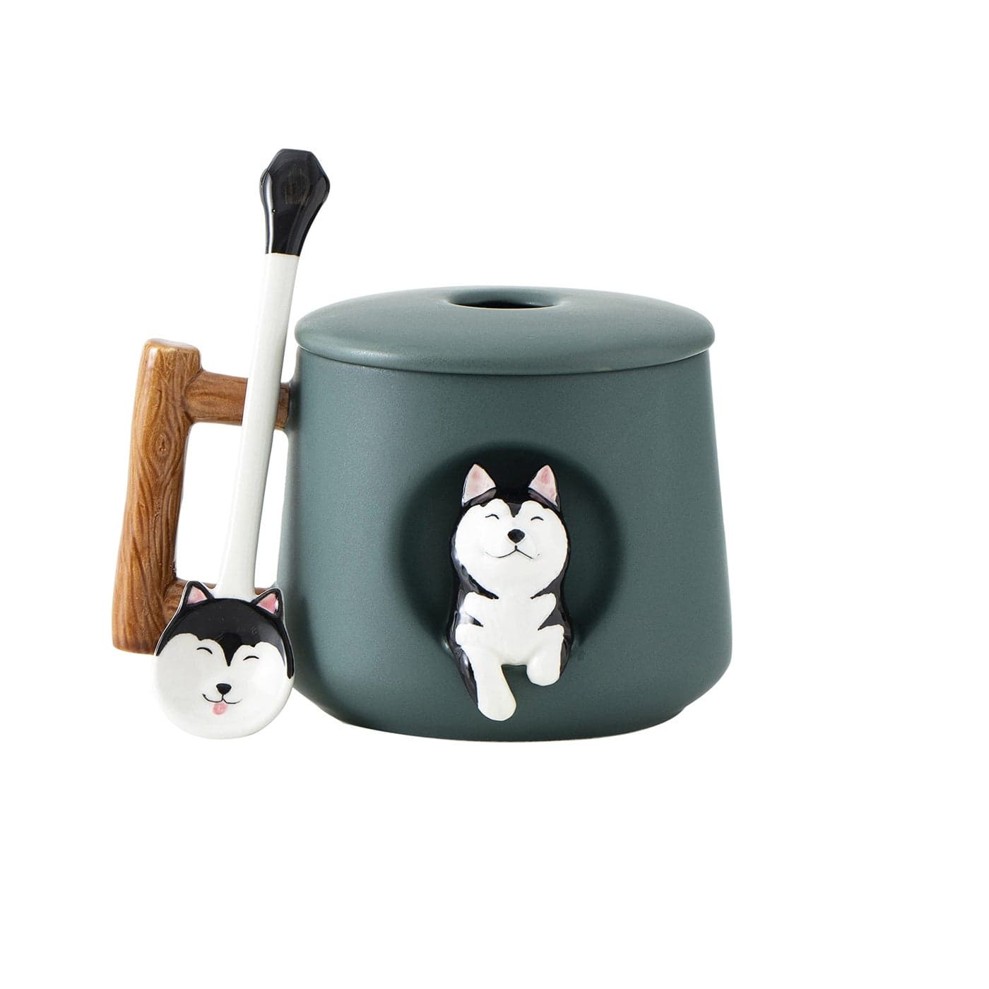 DIHOclub Ceramic Coffee Mug with Lid and Matching SpoonNovelty 3D Husky Pattern Mug for Tea Milk Chocolate JuiceCute Cup for Dog LoversPerfect Gifts14 Ounces green