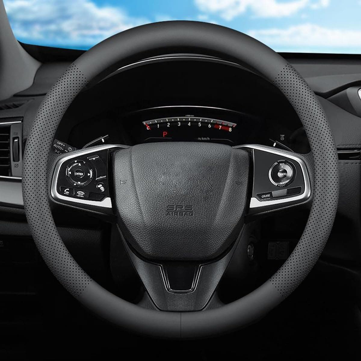 XHRING Car Steering Wheel Cover for Honda Civic Accord CRV HRV Pilot Passport Odyssey Insight Fit Ridgeline Clarity LX EX EXL Si Hatchback Sport Hybrid Touring Accessories 2024 Leather Black 15