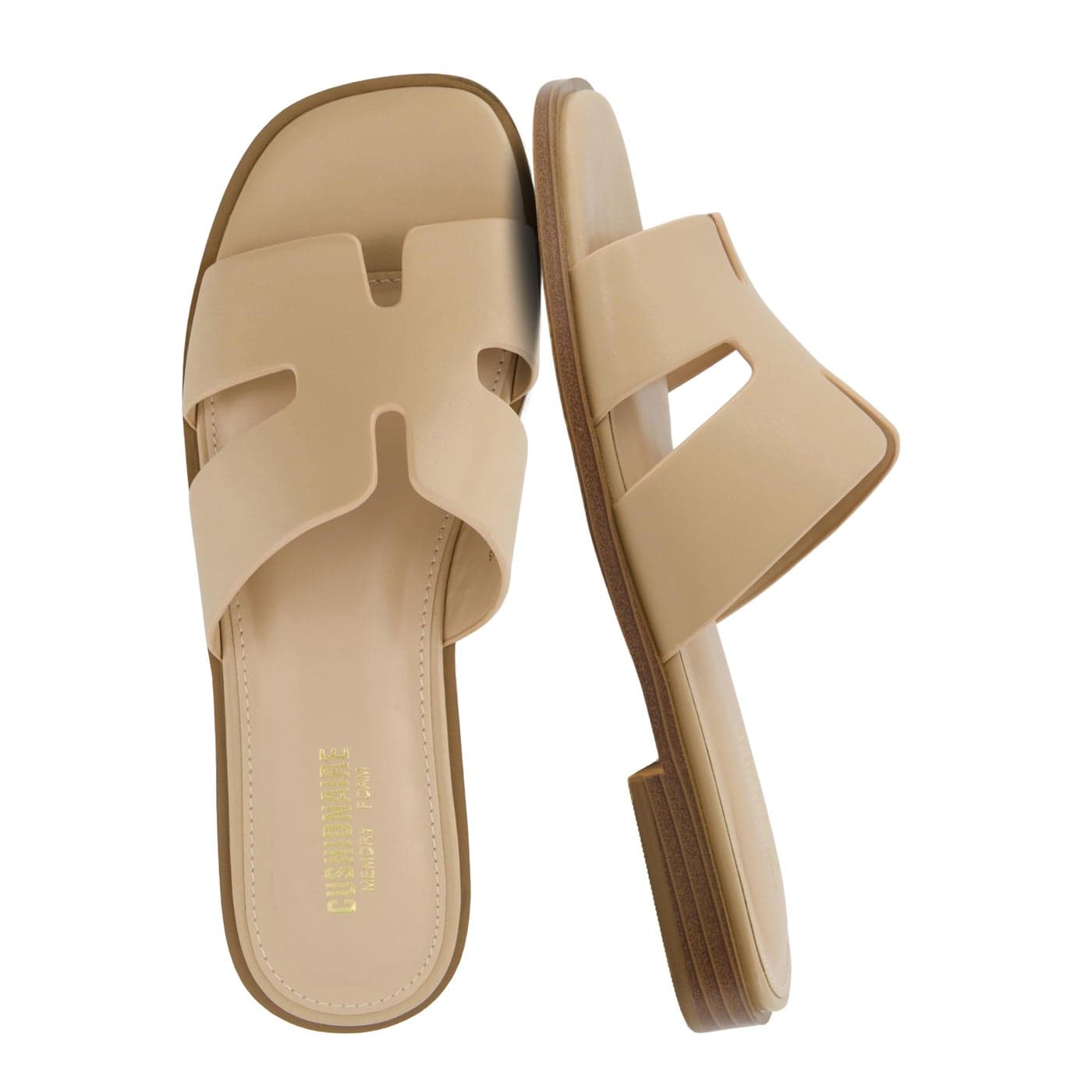 CUSHIONAIRE Voyage Cutout Strap Slides for Women Slip On Summer Flats Trendy Footwear Comfortable Vacation Style Sandals for Women 2025 TAN 10