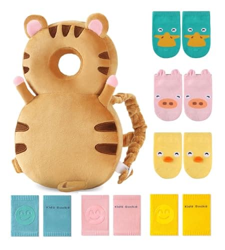 JunNeng Toddler Baby Head Protector Backpack for Toddler Walker with Knee PadsAntiSlip Socks Tiger