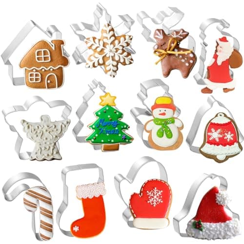 Christmas Cookie Cutter Set Snowman Snowflake Christmas Tree Gingerbread Man House Candy Cane Angel Stocking Bell Christmas Fondant Biscuit Cutter for Holiday Winter Baking