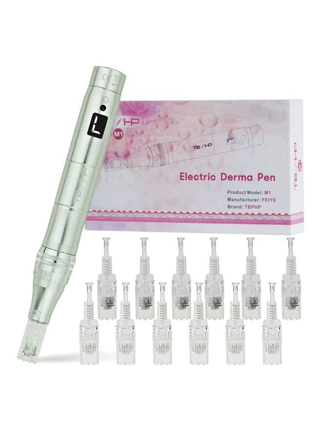 M1 Electric Derma Beauty Pen Professional at-Home Kit with 12Pcs Replacement Cartridges (Silver)