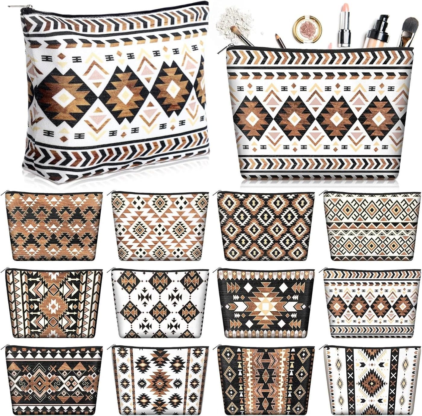 Reginary 12 Pcs Aztec Cosmetic Bags Cowgirl Makeup Bag Western Gifts for Women Travel Toiletry Case Cosmetics Organizer for Women Brushes Toiletry Jewelry Accessories