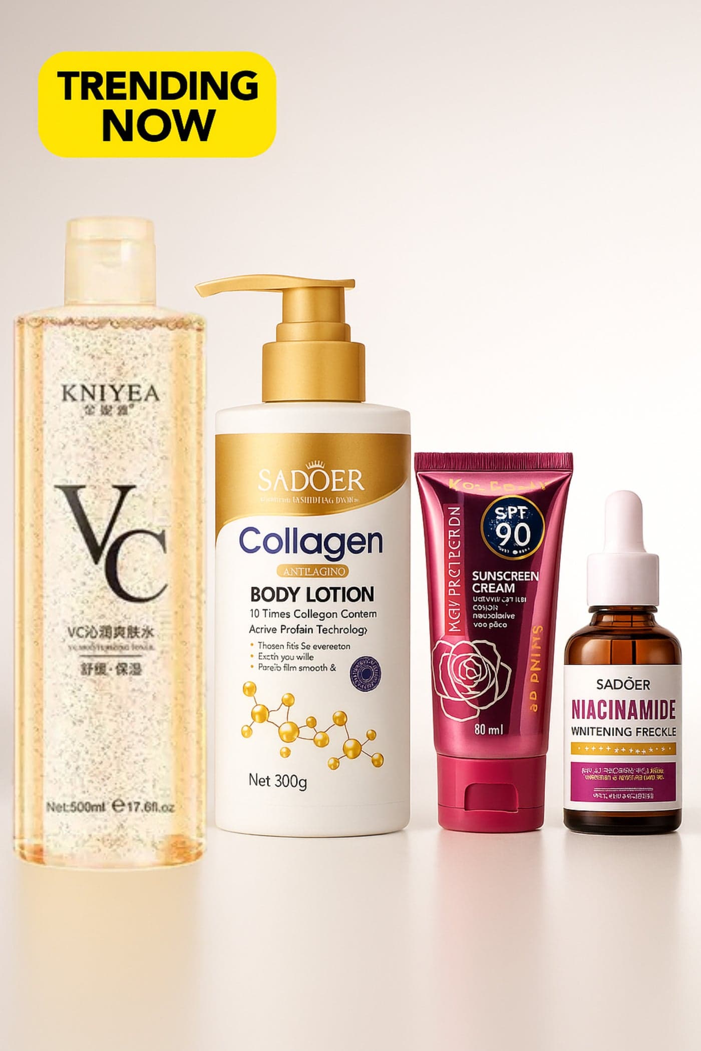 Trending Skincare Combo Kniyea VC Toner Collagen Body Lotion Kiss Beauty Sunscreen SPF 90 Sadoer Niacinamide Essence Serum For Face and Body Brightening Hydration and Sun Protection