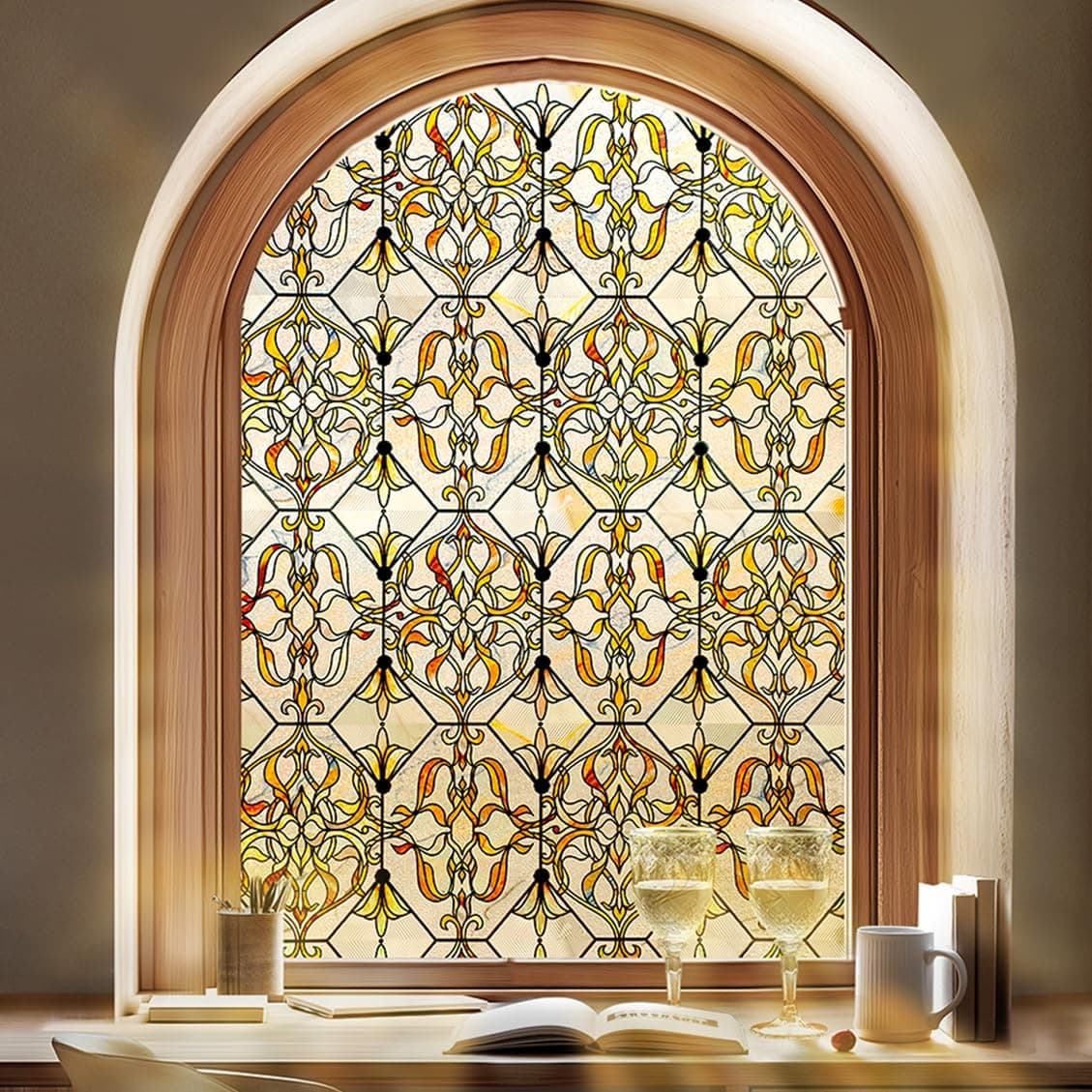OHTMERU 3D Stained Glass Window Privacy Film Heat Control UV Blocking Static Cling Decorative Window Film for BathroomFront DoorHome Non Adhesive 169 x 393 inches Golden Filigree