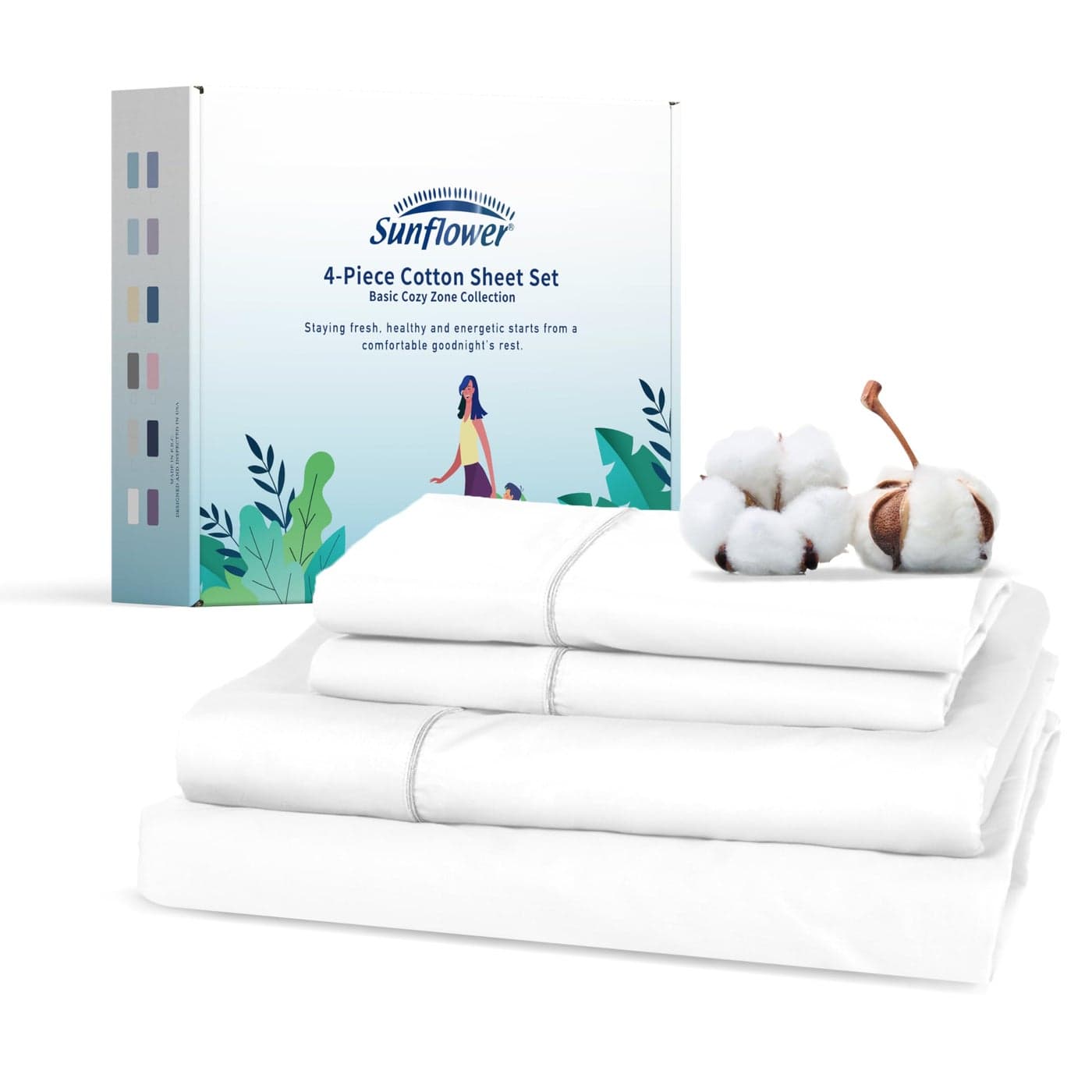 sunflower Cotton Queen Sheet Set Queen Size Sheet Deep Pocket Up to 16 inches White Queen Sheet Set 4Piece Luxury Hotel Quality Sheet with Silver Trimmed Design