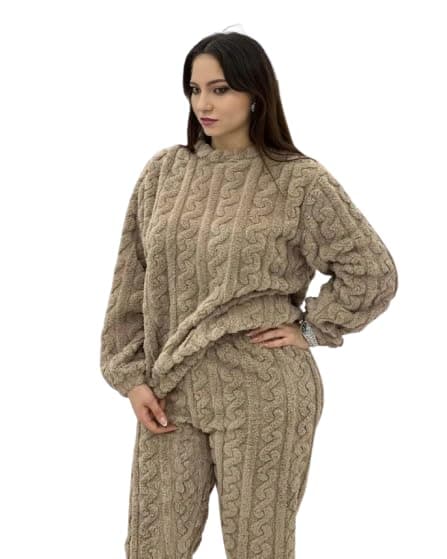 Cigain Women's Fur Long Sleeve Nightsuit Set | Regular Fit Warm Top and Pyjama Set | Winter Wear Sweatpant Set for Women (Plus Size, Brown, M)