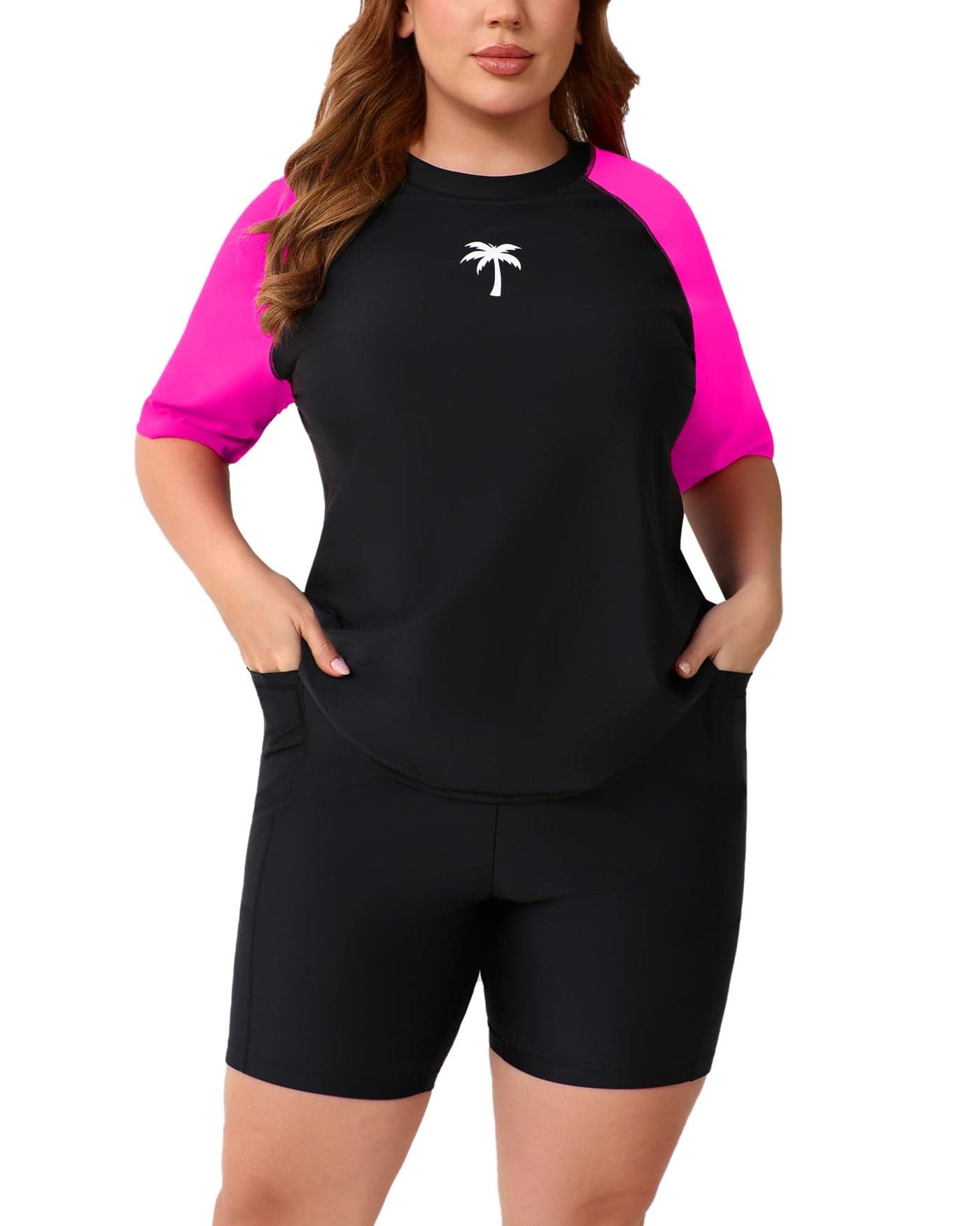 Halcurt Women 2 Piece Rash Guard Set Plus Size Built in Bra Swimsuits and Boy Shorts Short Sleeve Hot Pink 1X