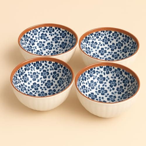 YELONA Ceramic Bowls Set of 4 | 300ml Japanese Floral Rice & Snack Bowls | Blue Blossoms Design | Microwave & Dishwasher Safe | 11.5 cm | Lead-Free Porcelain
