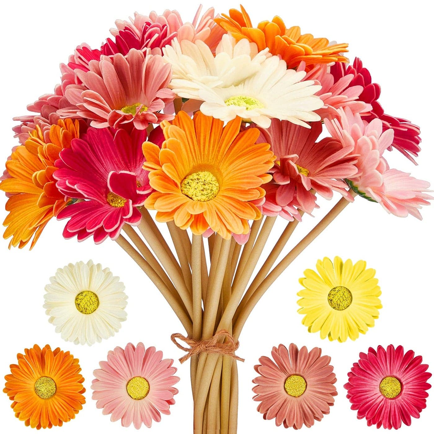 WILLBOND 18 Pieces Artificial Gerbera Daisies Flowers Fake Daisy Faux Flowers Bouquet 15 Inch for Wedding Bridal Bouquet Party Home Kitchen Decor WhitePinkYellowOrangeRoseCoral