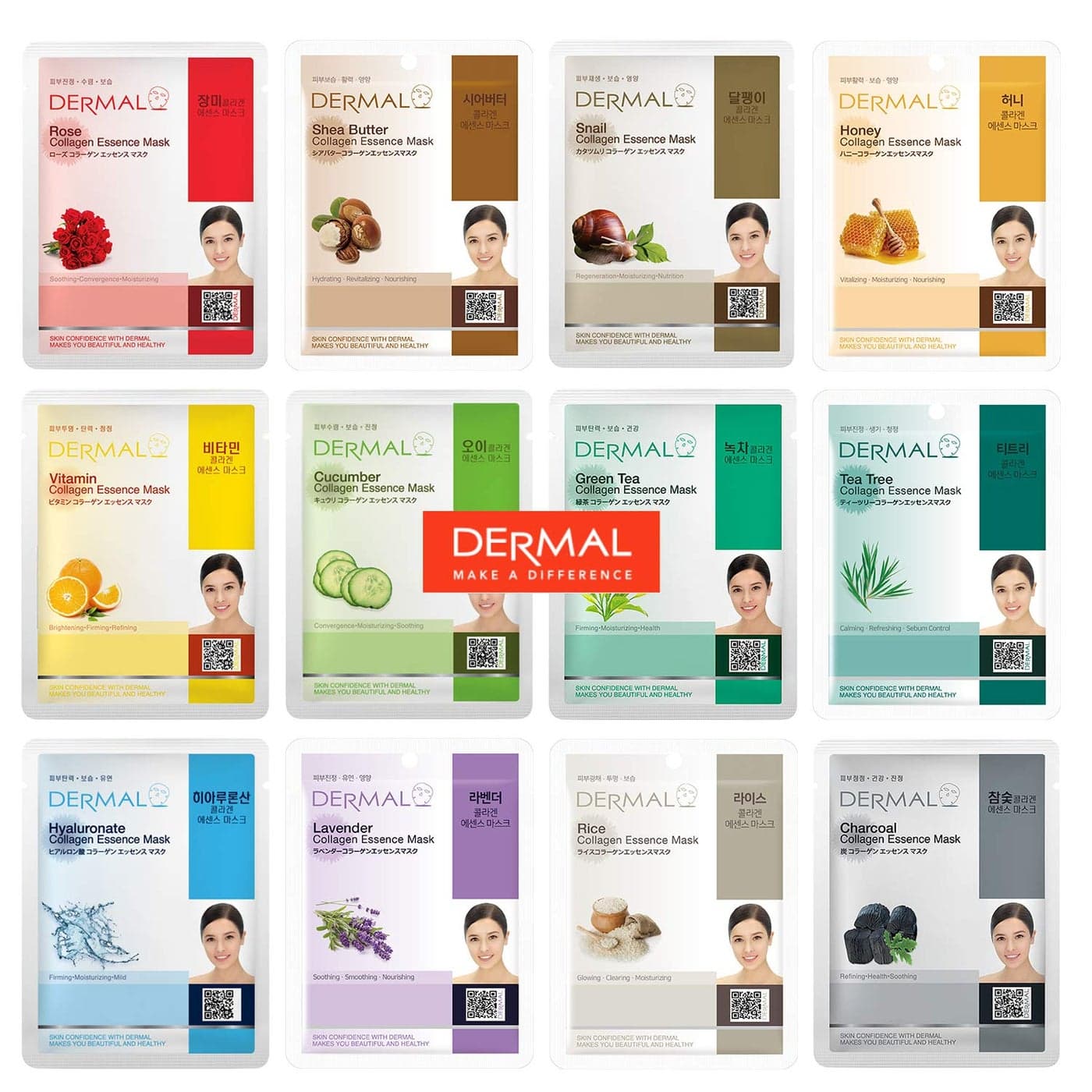 DERMAL 12 Combo Pack Collagen Essence Korean Face Mask Best Value Set Hydrating Soothing Facial Mask with Panthenol Hypoallergenic Sheet Mask for All Skin Types Natural Home Spa Treatment Mask