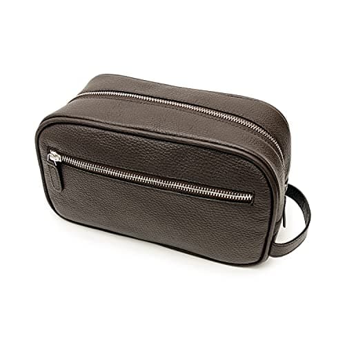 Maruse Italian Leather Toiletry Travel Bag with 2 Zippered Closures for Men and Women, Handmade in Italy (Black)