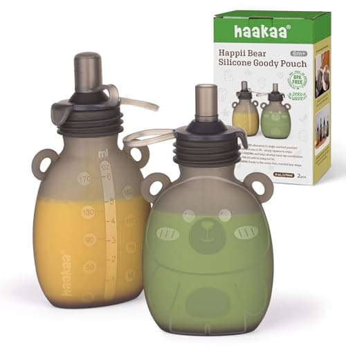 haakaa Happii Bear Silicone Goody PouchReusable Baby Food Pouches for Homemade Organic Purees Juices Smoothies and Yogurt Perfect for Toddlers and Kids 2 Pack 6oz