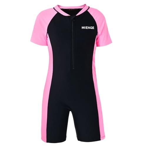 MIENOE Teen Girls One Piece Swimsuit Kid Swimsuit Girls Water Sport Short Swimsuit UPF 50+ Sun Protection Bathing Suits (Size 10-12Years, Black)