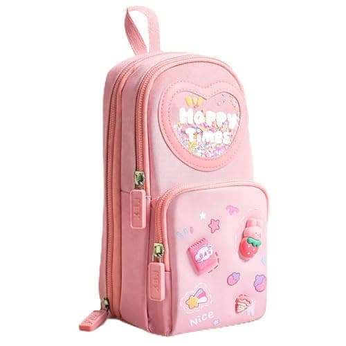 Toyshine 3 Layer Large Capacity Handheld Multifunctional Pencil Pouch for School Kids Students Cute Stationary Gift for Girls Boys - Pink