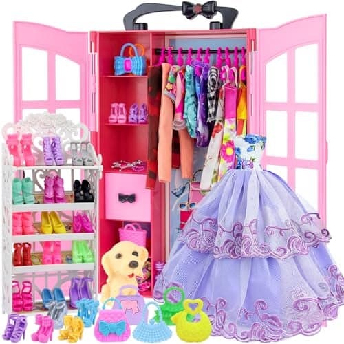 Ecore Fun 120 Pcs Fashion Doll Closet Wardrobe for Clothes and Accessories Storage Include Clothes, Dresses, Shoes, Shoes Rack, Bags, Necklace, Hangers for 11.5 Inch Girl Doll Clothes