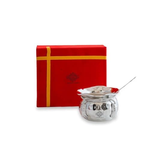INDIAN ART VILLA Silver Plated Handmade 1 M Design Bowl 180 ML with 1 Spoon,for Serving Dessert Icecream Sweets & Kheer Home Hotel | Decorative Diwali Gift Item