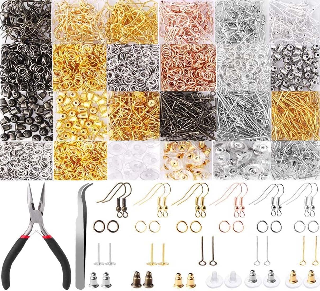 DIY Crafts 100 Grm, Silvery, Earring Hooks Earring Making Kit Earring Hooks for Jewelry Making with Jump Rings Earring Backs Pliers Tweezers Jump Ring Opener for Jew(100 Grm, Silvery)