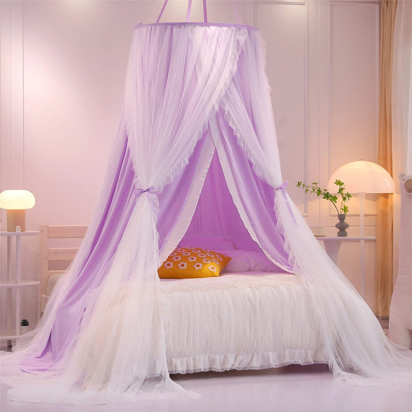 VETHIN Double Layer Princess Round Dome Canopy Bed Curtain for Girls AdultsChildren Dreamy Mosquito NetCute Bedroom Decoration Castle Play Tent Reading Nook CanopiesDomePurpleWhite
