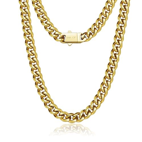 waitrose 7mm Gold Chain for Men Miami Cuban Gold Necklace Mens Chain,316L Stainless Steeland 14K Gold Plated Chains for Men Necklace