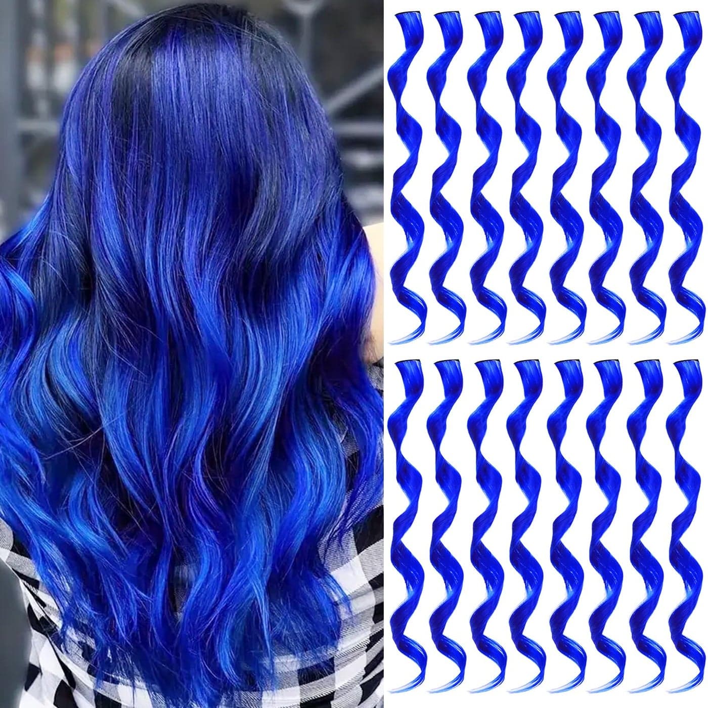 TOFAFA 16 Pcs Colored Hair Extensions Curly Wavy Clip in Synthetic Hairpiece Streak for Girls Women Kid Multicolors Party Highlights Cosplay Festival GiftBlue