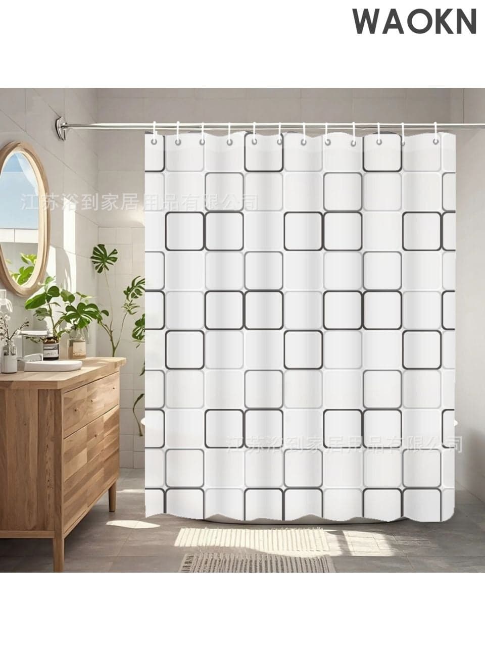 Shower Curtain Liner With Plastic Hanging Ring Colored Triangle PEVA Shower Curtain with Rustproof Metal Grommet , Odor Free Shower Liner , Mold proof, waterproof, no drilling installation ,180*200 CM.