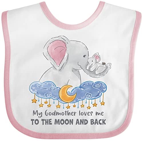 inktastic My Godmother Loves Me To the Moon and Back Elephant Family Baby Bib White and Pink 3b10e
