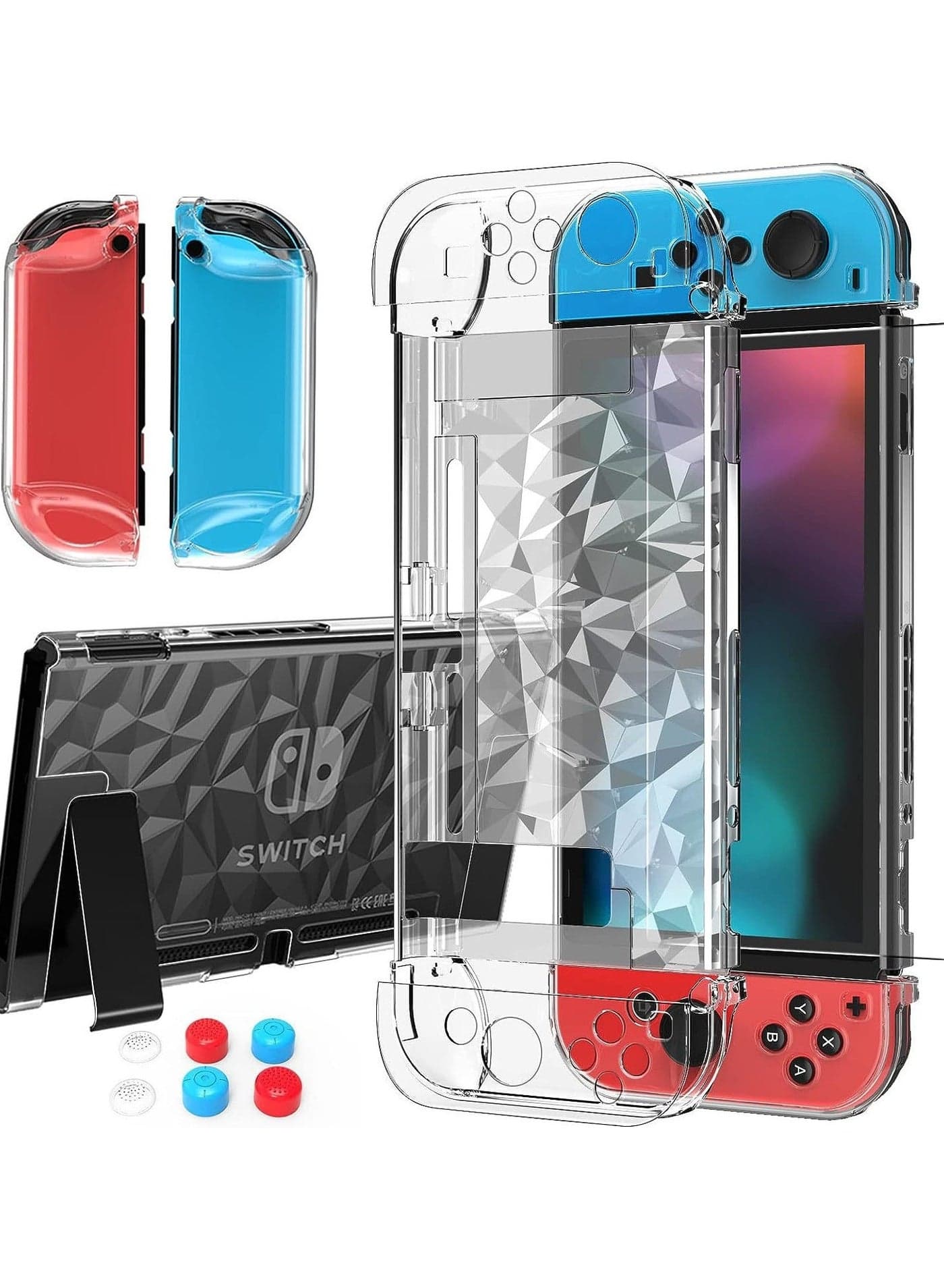 Switch NS Protection Kit Slim Direct-Plug TV Dock + Tempered Glass Screen Protector + Red/Blue Joystick Caps (2 Pairs) Transparent PC Protective Accessories