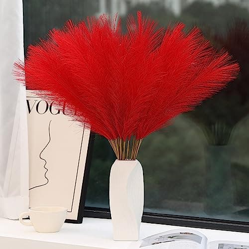Wertuirk Red Pampas Grass Decor 30pcs 24 Inch Short Artificial Pampas Grass Decor Fake Pompas Floral for Vase Filler Wedding Flower Arrangement Party and Home Decor Red