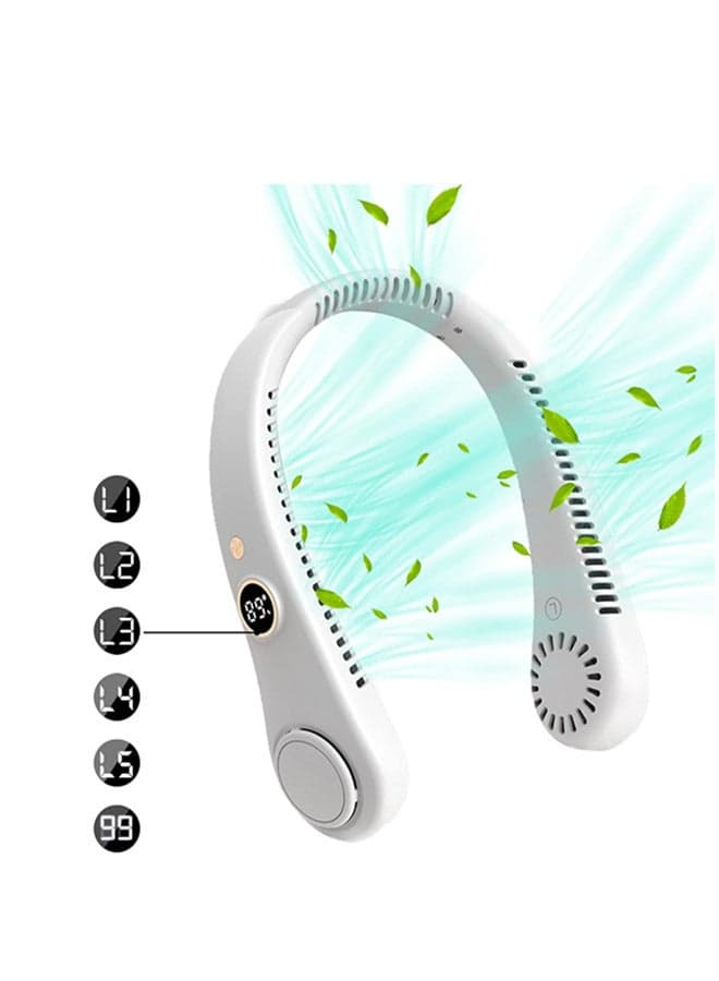Portable Bladeless Neck Fan with 360 Degree Airflow Five Speed Adjustable Rechargeable Wearable Quiet Cooling Fan with LED Digital Display White