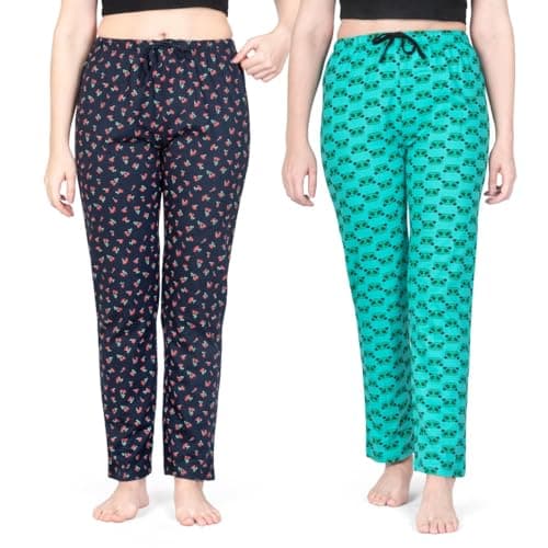 Real Basics Women's Cotton Printed Pyjama Pack of 2(RB-W-PJ-S-P2-S2(Panda+Cherry) Multicolors)