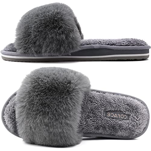 COFACE Womens Fuzzy House Slippers Open Toe Women House Shoes Size 9 Faux Fur Fluff Sliders Ladies Slip On Slippers-for-Women Indoor