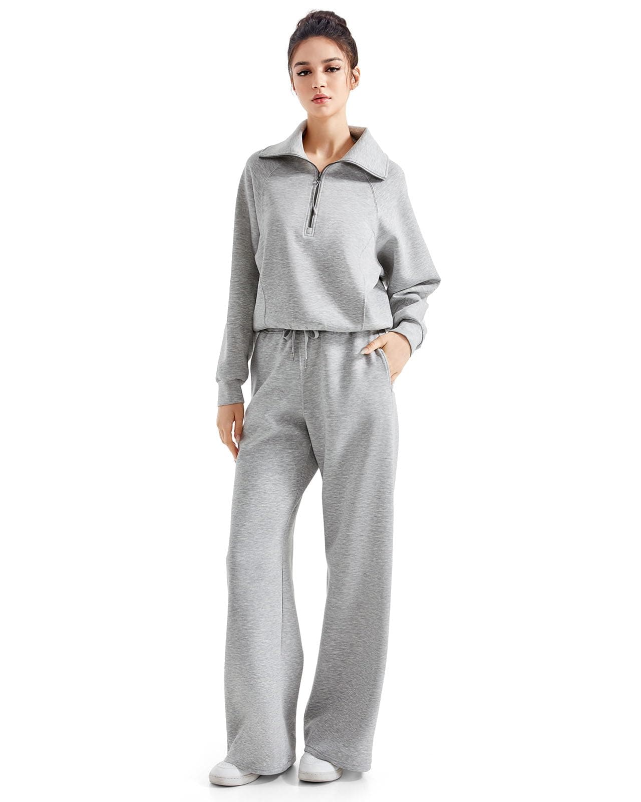SUUKSESS Women 2 Piece Lounge Matching Sets Wide Leg Sweatpants Half Zip Oversized Sweatshirts (Grey Heather, M)