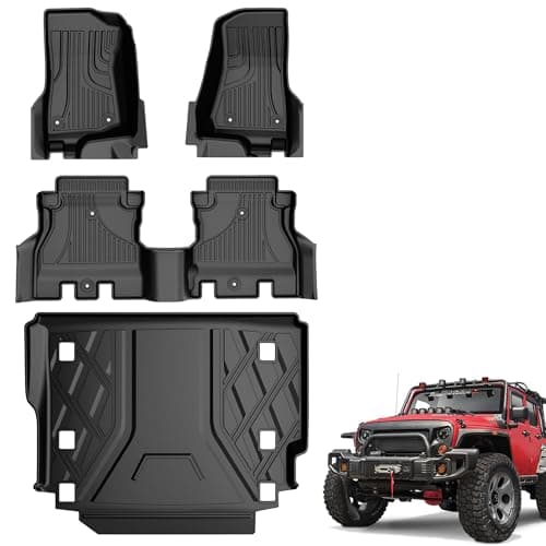 Floor Mats & Cargo Liner Compatible for Jeep Wrangler JL 2018-2026 4 Door Sahara Rubicon without Subwoofer (Non JK or 4XE) All Weather Wrangler Floor Liner for 1st, 2nd Row and Trunk Full Set Car Mats