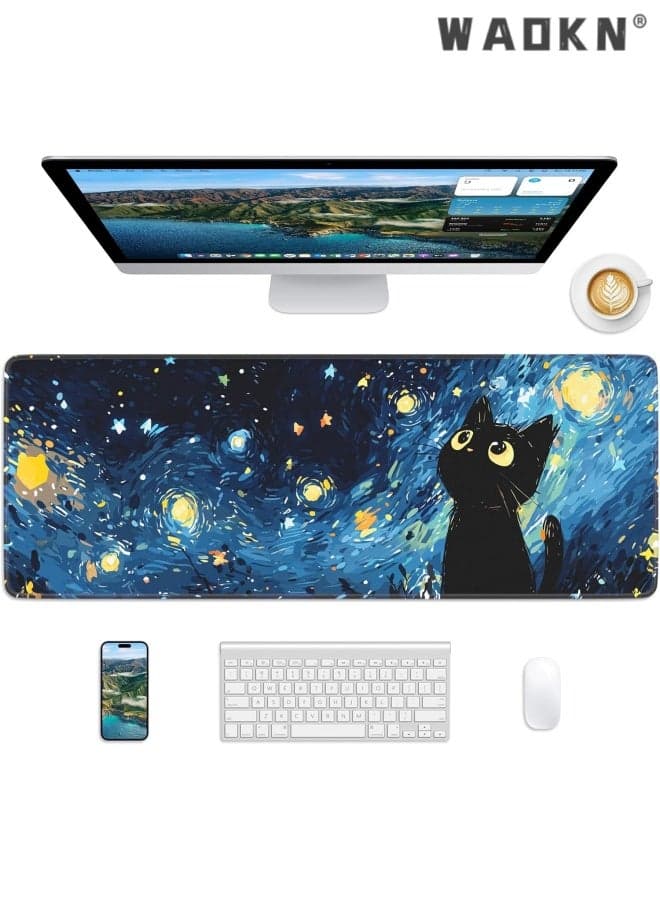 Starry Night Cat Mouse Pad , Large Desk Mat with Stitched Edges & Non-Slip Base , Durable edging , Mousepad for Office , Home , Work , rubber material , Wear-resistant and scratch-proof , 80*30*0.2cm .