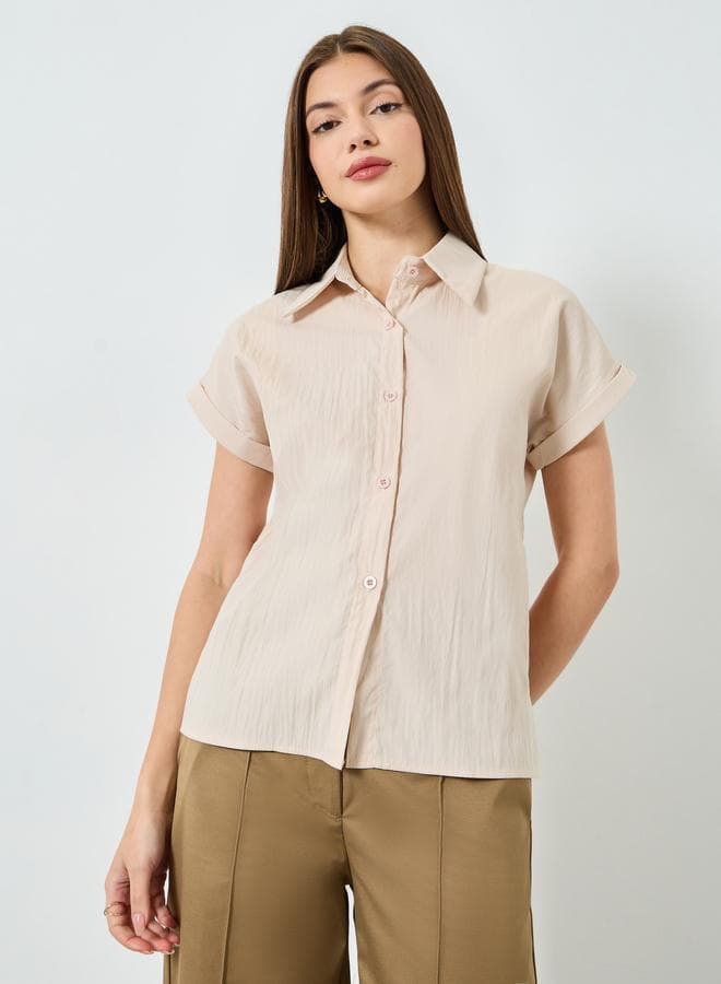 Beige Solid Buttoned Short Sleeve Shirt