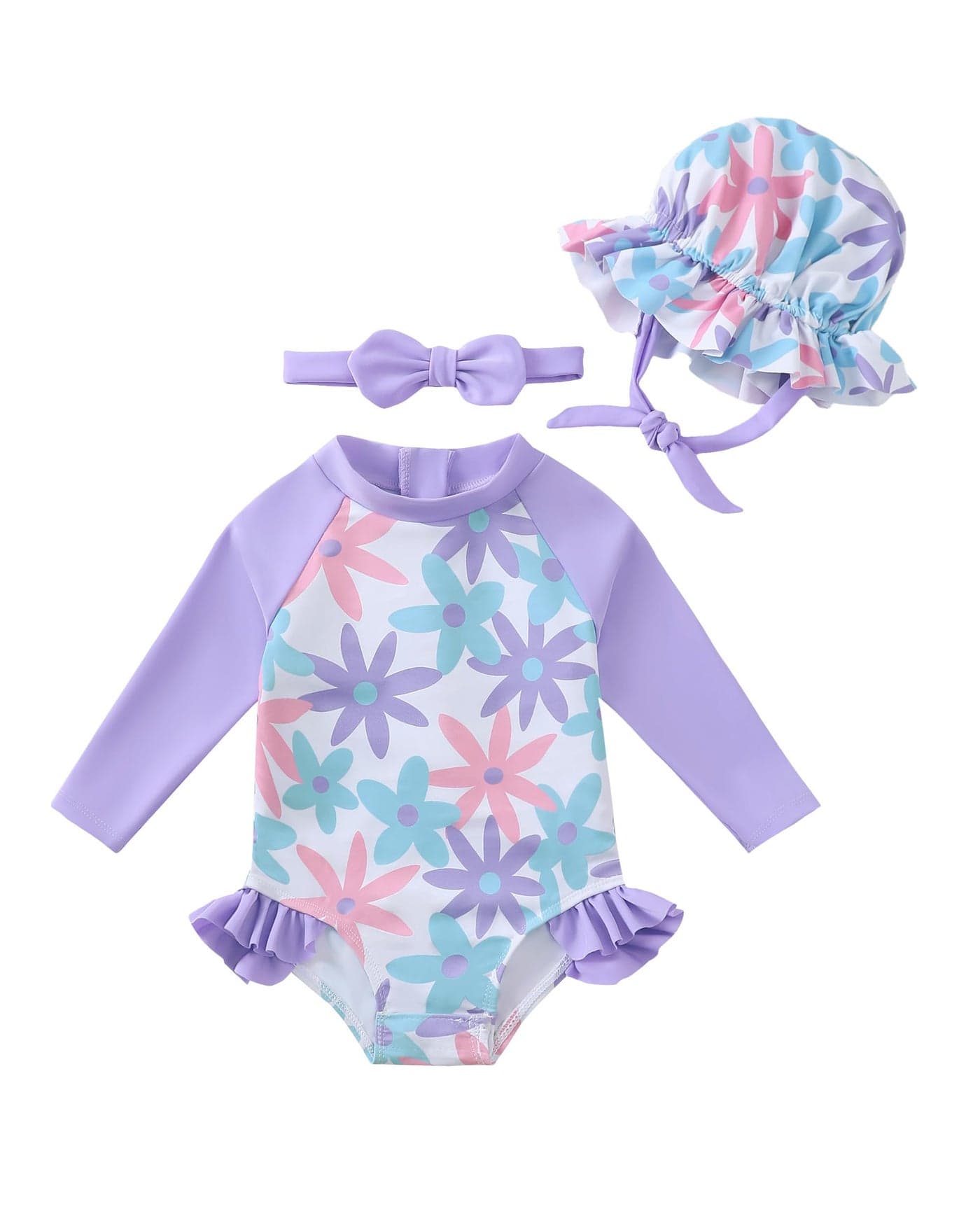 Renotemy Baby Girl Swimsuit 6-9 Months Back Zipper Bathing Suit Gifts Infant Girls 9-12 Months Color Blocking Purple Ruffle Summer Beach Essentials Long Sleeve One-Piece Rash Guard Swimwear with Hat