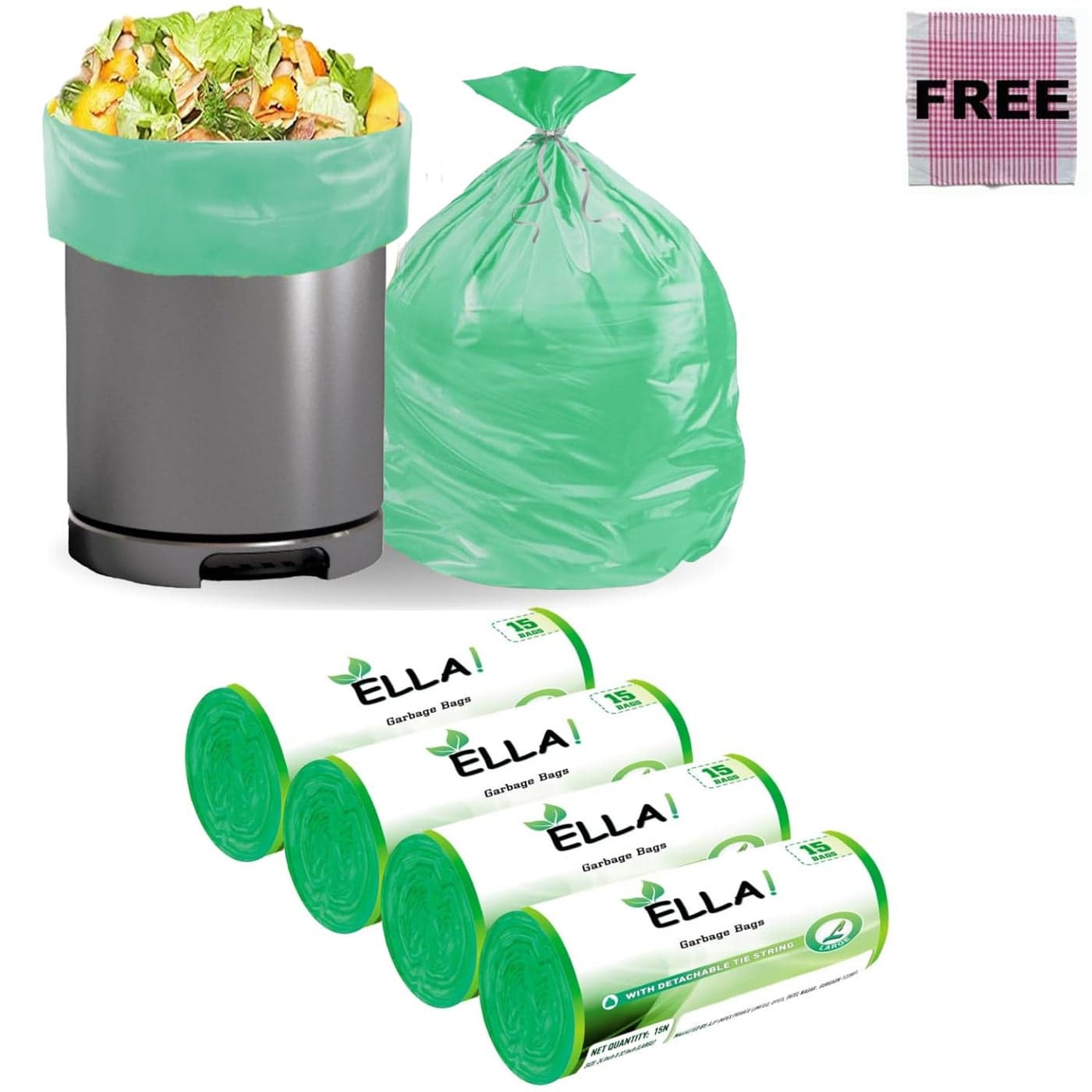Ella Garbage Bags 24 x 32 Inches Large 60 Bags 4 Rolls Green Color With Check Duster Cloth Free