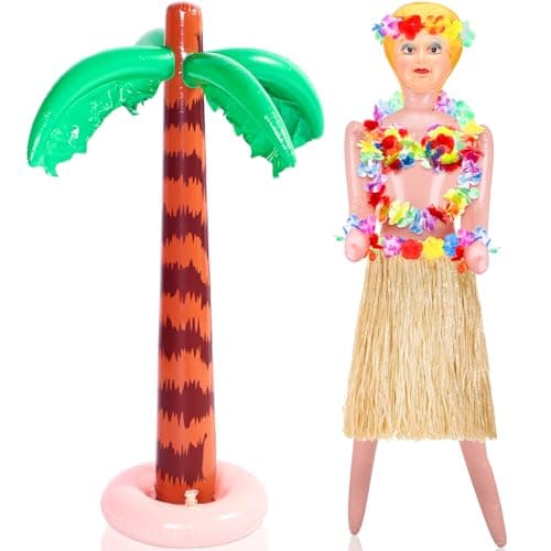 Liliful 2 Pcs Hawaiian Inflatable Blow up Decorations 59 No Moving Part Figure Summer Inflatable Palm Tree Pool Raft Hula Skirt Top Costume Bachelors Party AccessoriesGrass Color
